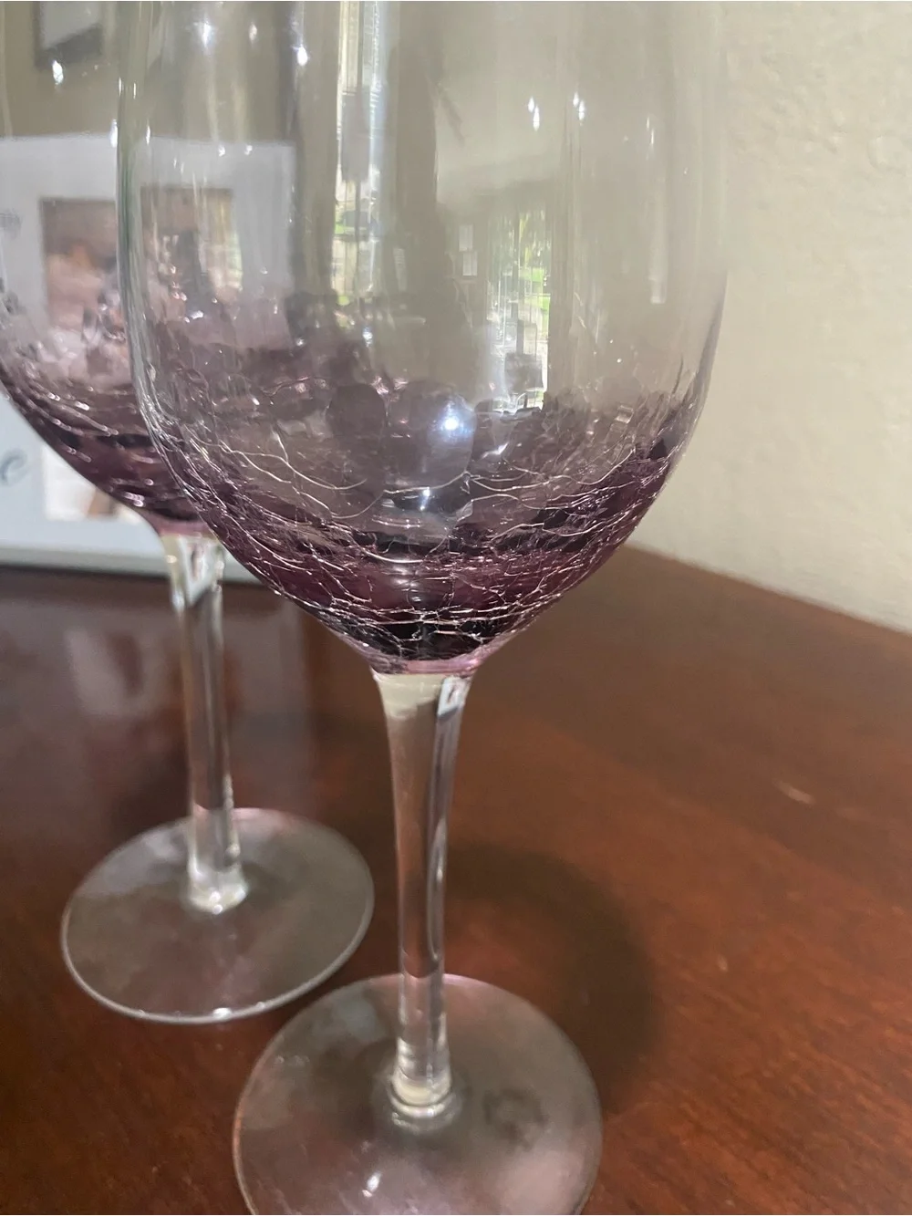 Discontinued, Set of 2, Pier 1, Handblown Purple Crackle Wine Glasses
